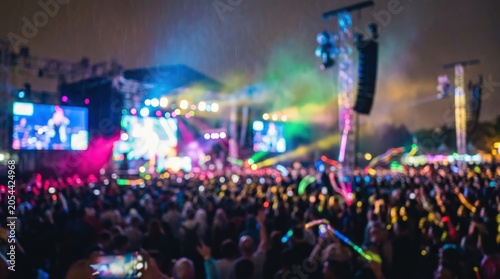 Blurred concert crowd audience night music festival stage lights outdoor party celebration event lifestyle background