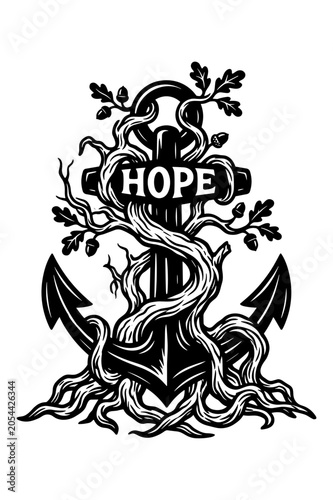 Fényképezés Nautical anchor with entwined oak tree branches and hope text illustration