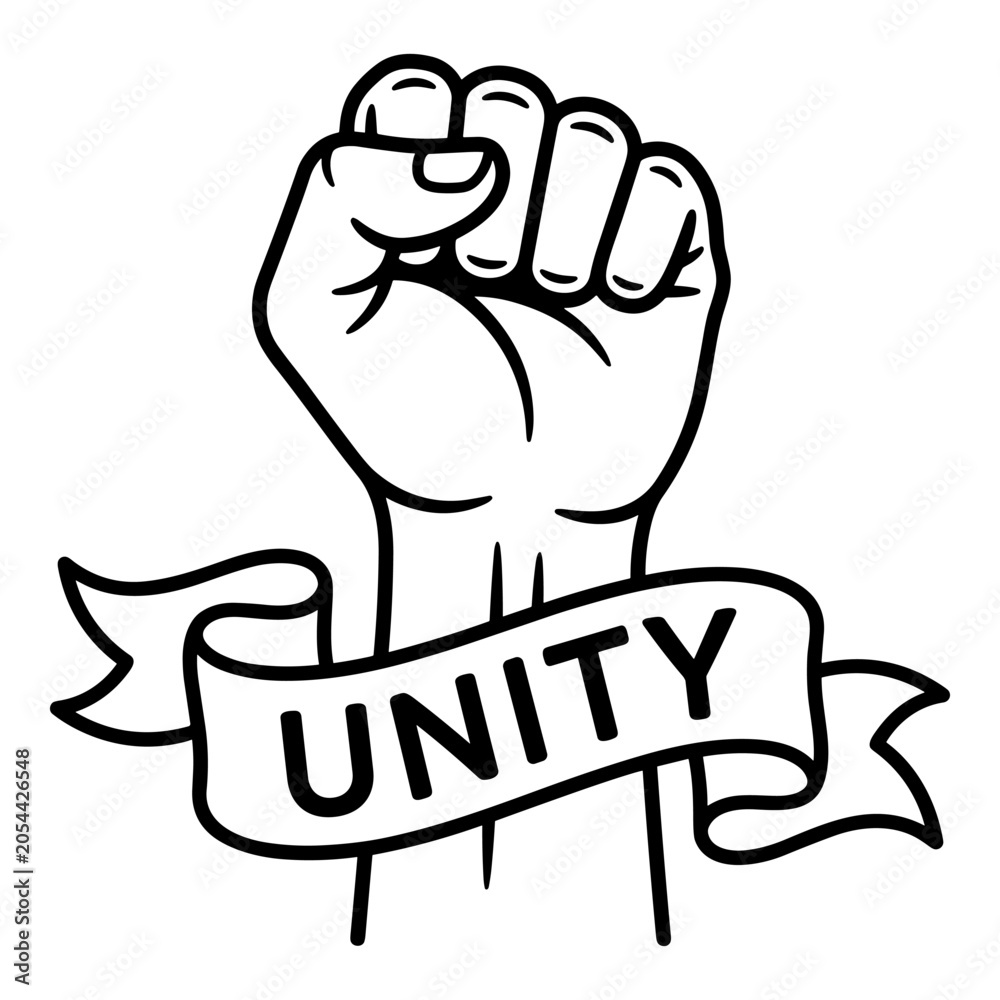 Obraz premium Fist holding banner with unity word, black and white vector illustration of solidarity concept.