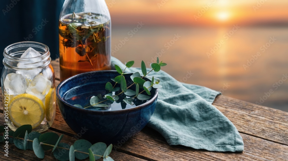 Obraz premium Eucalyptus herbal infusion spa treatment with lemon ice water on wooden table at sunset for wellness relaxation and holistic health concept