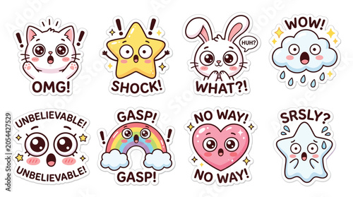 Photos Collection of cute cartoon stickers expressing surprise and shock with various characters like a cat, bunny, star, cloud, heart, and rainbow