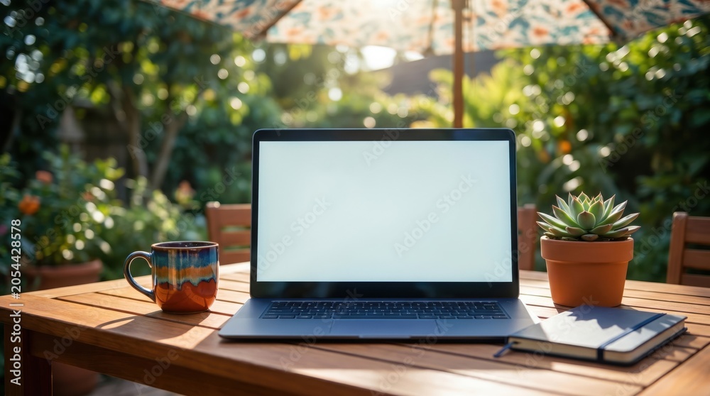 Fototapeta premium Laptop with Blank Screen on Wooden Table in Garden Patio for Remote Work Concept and Digital Nomad Lifestyle Setup