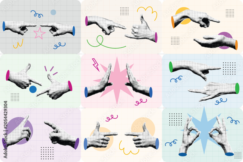 Obraz premium Nine Hand Gesture Set Halftone Collage with Pointing Thumbs Up and OK Sign on Colorful Backgrounds