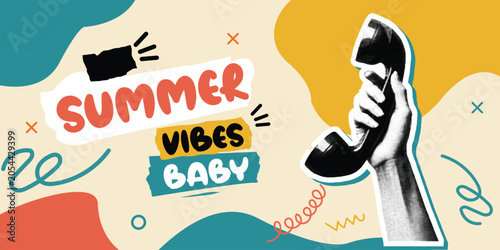 Foto Hand Holding Vintage Telephone Receiver Halftone Collage Summer Vibes Banner on
