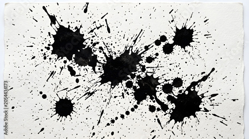 Dynamic Black Ink Splatter and Blot Marks on Textured White Paper