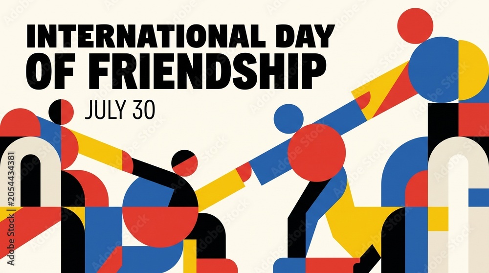 Obraz premium Modern abstract geometric International Day of Friendship banner with bold colorful shapes and clean typography