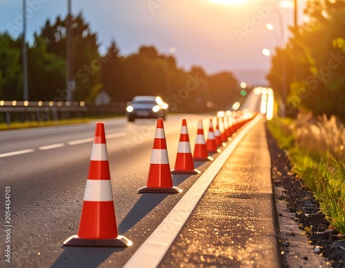 View of road work cones in a row with a car driving in the distance, setting sun, trees