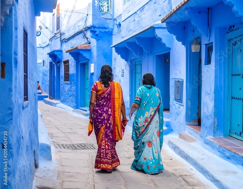 Two women walk down a narrow blue-painted alleyway, dressed in vibrant saris. The architecture evokes a charming, old-world aesthetic