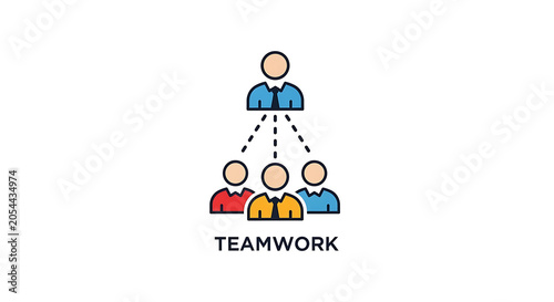 Teamwork is depicted through a stylized illustration of a leader overseeing a group of three employees.