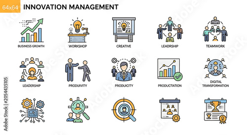 Icons representing innovation management display various professional concepts including teamwork, leadership, growth, and creative processes in a structured grid format.