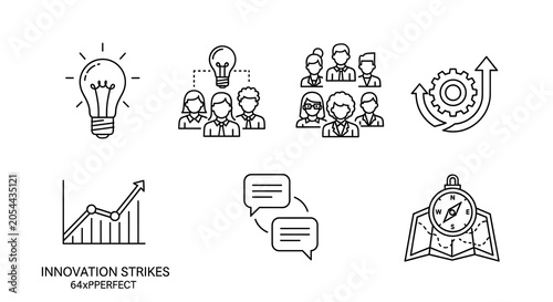 Innovation icons depict key concepts for startup development, team synergy, and strategic business navigation.