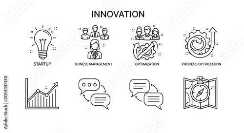 Business icons represent various aspects of corporate innovation, team management, and strategic growth.