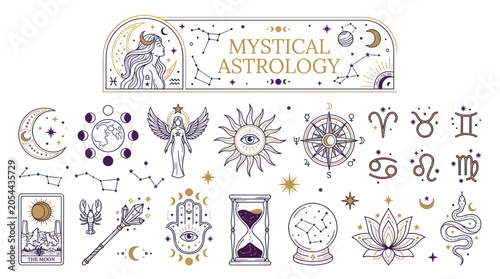 Slika na platnu Mystical astrology elements with zodiac signs and celestial icons