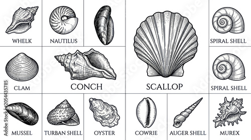 Schilderij op canvas Vintage hand-drawn seashell collection including scallop and conch