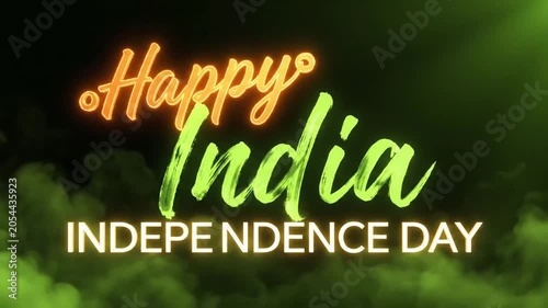Colorful neon sign celebrating India's independence with vibrant neon text and green background