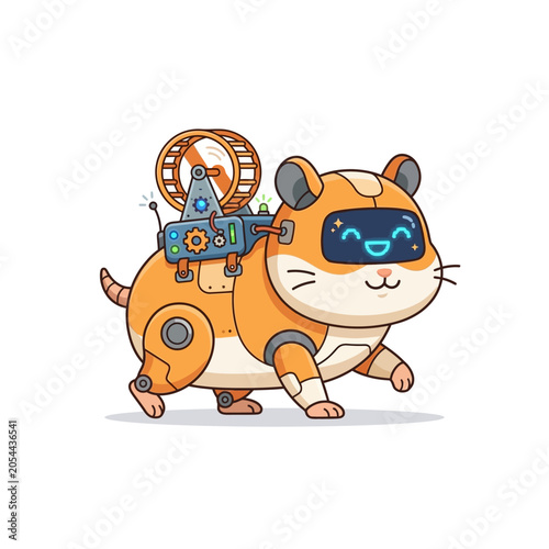Cute robotic hamster with LED screen face and hamster wheel backpack