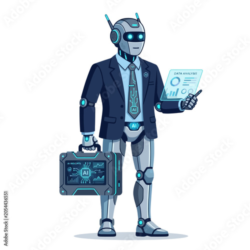Robot in suit holding briefcase and tablet with AI data analysis