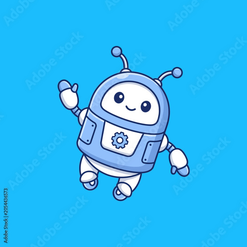 Cute blue robot waving hello with a smile