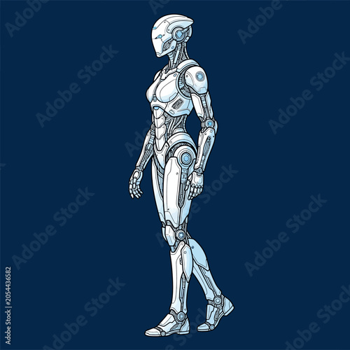 Futuristic humanoid robot walking with blue accents