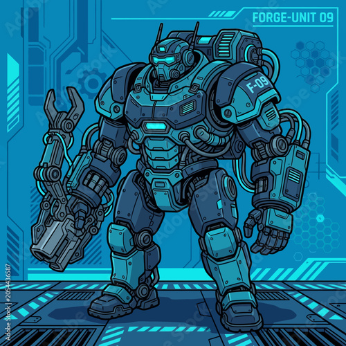 Cybernetic mech suit F-09 with robotic arm in futuristic blue interior