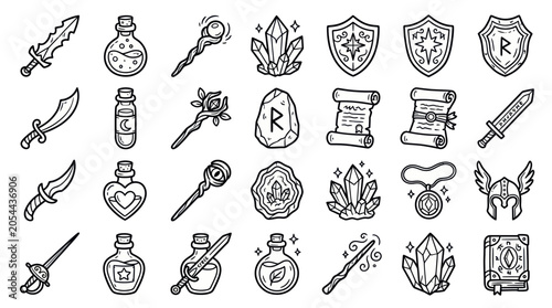 Photos Fantasy role playing game item icons and magic equipment doodles