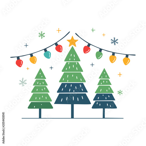 Christmas Trees with String Lights Flat Illustration