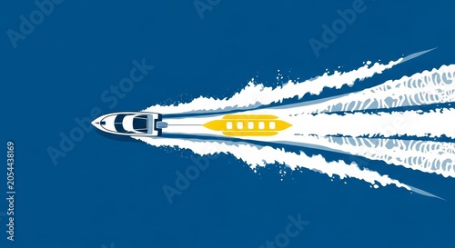 Water Sports - Aerial View of Speedboat Towing Yellow Inflatable Banana Boat with White Wake Trail