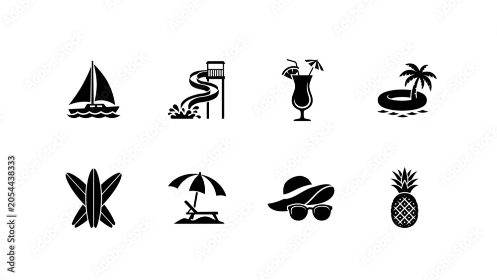 Fototapeta premium Set of eight black and white vacation and travel activity icons Vector