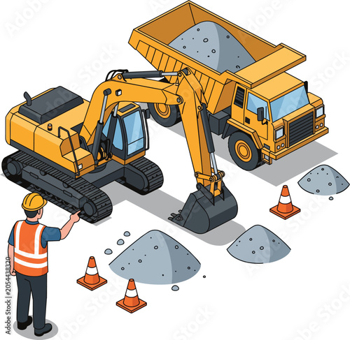 Isometric view of an excavator and dump truck on a construction site with a worker directing, perfect for industrial projects, heavy machinery illustration and development concepts.