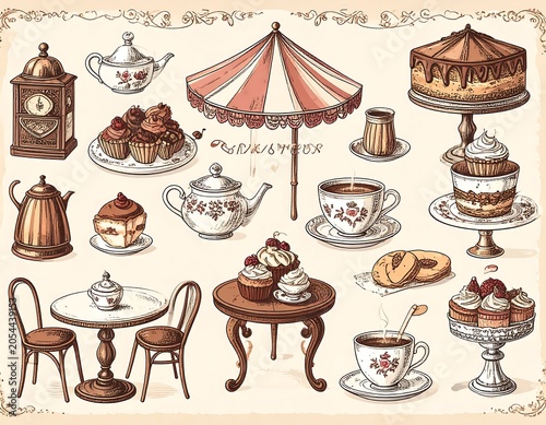 Vintage-style illustration featuring an array of teacups, pastries, teapots, and furniture, suggesting a charming caf? scene