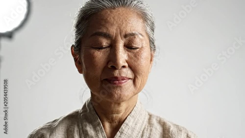 A serene elderly Asian woman meditating in a peaceful indoor setting in a video