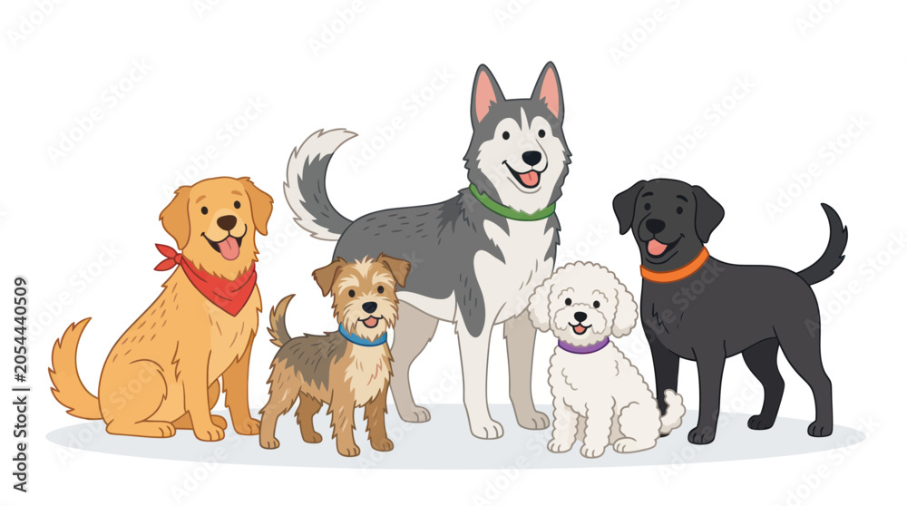 Fototapeta premium Diverse group of happy domestic dogs standing together