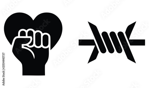 Фотография Black Silhouette Of A Heart Shaped Fist And Barbed Wire Isolated On A White Back