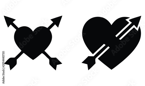 Cuadro en lienzo Two black silhouettes of hearts pierced by arrows against a white background a r