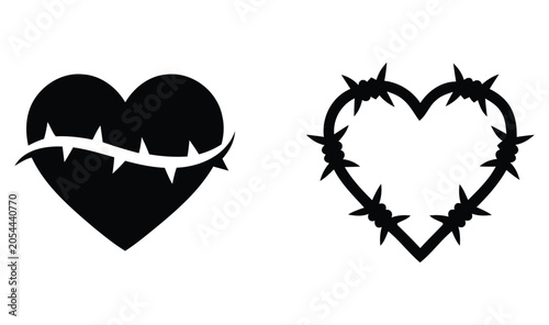 Fényképezés Black silhouette of a heart shape entwined with barbed wire and an open heart fr