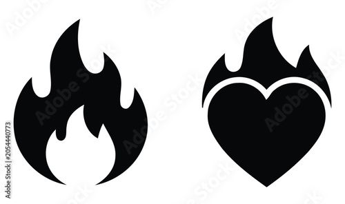 Obraz na plátně Flame and heart silhouettes against a white background featuring stylized shapes