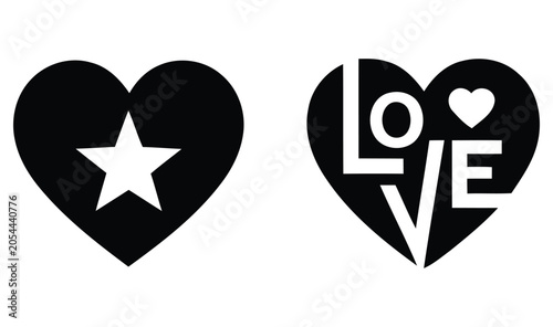Fotografie Black heart shapes featuring a five pointed star and the word love silhouette st