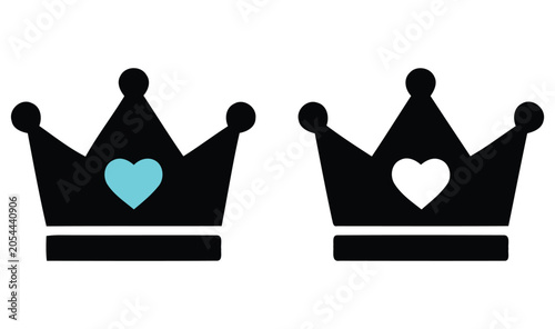 Foto Two black crown silhouettes with teal and white heart shaped cutouts on a white