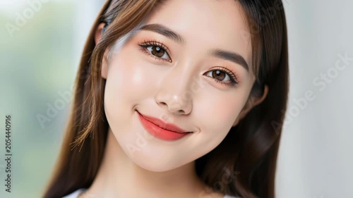 Radiant Smile: A young Asian woman with expressive eyes and flawless skin offers a gentle smile, showcasing her natural beauty and confidence in this close-up portrait.