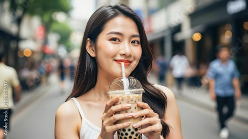 Bubble Tea Delight: A young Asian woman with a radiant smile enjoys a refreshing bubble tea on a bustling city street, capturing a moment of urban leisure and indulgence.