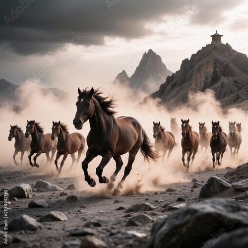 Herd of wild horses running over rocky terrain in dramatic landscape  