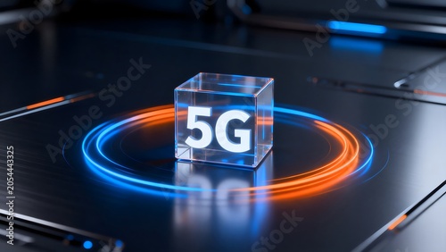 5G technology cube with glowing rings