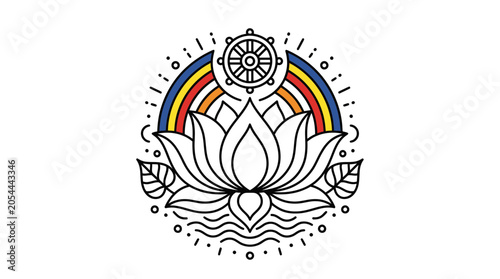 Fotografie Lotus flower with rainbow and dharma wheel spiritual emblem