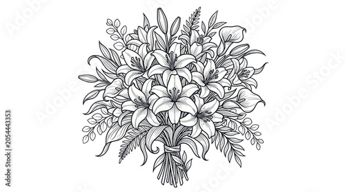 Bild auf Leinwand Floral bouquet with lilies and calla lilies in line art style