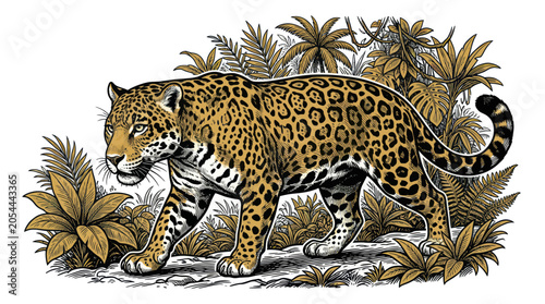 Tableau sur toile Majestic jaguar prowling through dense tropical jungle foliage