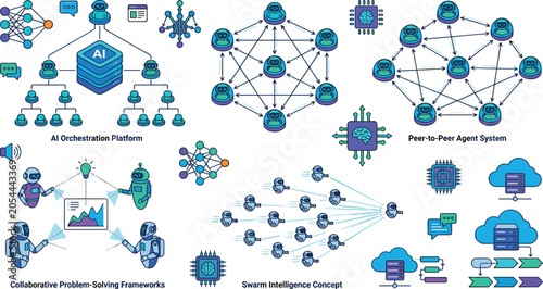 Obraz na plátne Artificial Intelligence Multi Agent Systems Collection with AI Orchestration Pla