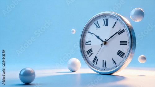 Clock with floating spheres on blue background