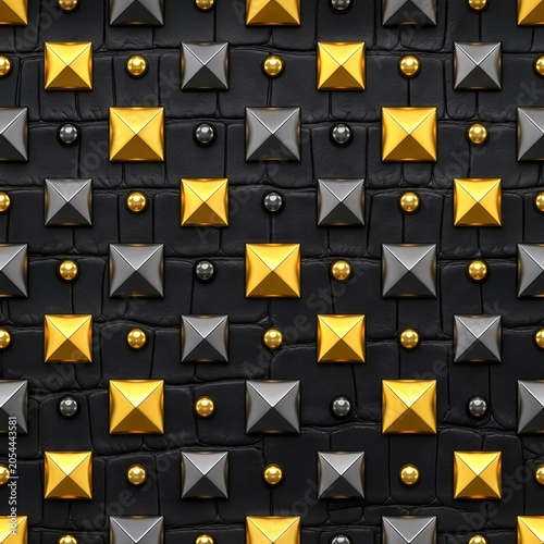 Modern black and gold pyramid stud textured wall panel seamless pattern for architecture, interior wall tiles, textiles, and high-quality backdrop wallpaper