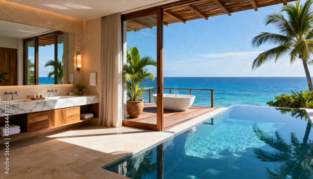 Fototapeta premium Tropical luxury bathroom with ocean view deck, infinity pool, and elegant natural accents