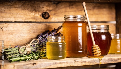 Glass Jars with Different Types of Honey on Vintage Wooden Shelf, Rustic Still Life with Honey Dipper, Fresh Rosemary, Thyme and Lavender, Organic Raw Honey and Healthy Natural Food Concept.
